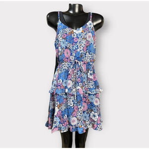 The General Good Tiered Floral Chiffon Mini Dress Blue Pink NWOT Size Small